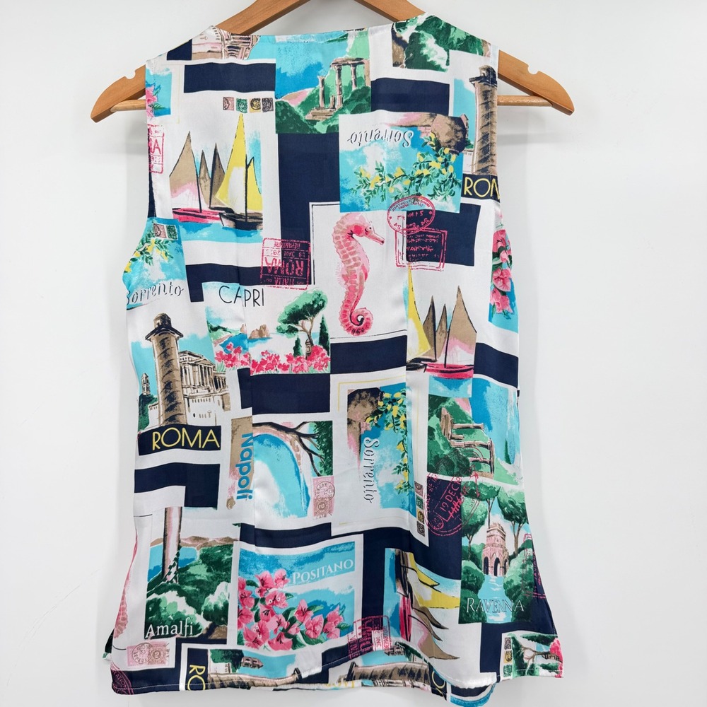 Talbots Womens XS Italian Postcard Novely Print Sleeveless Resort Cruise Beach